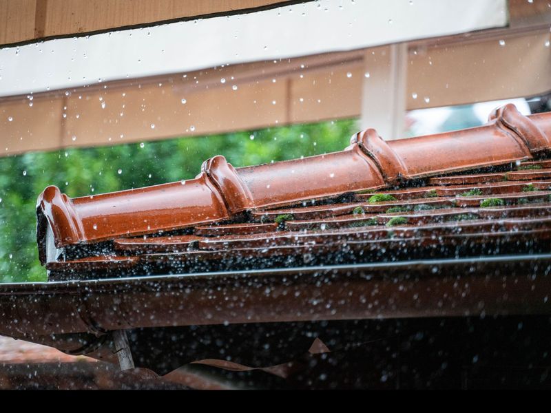Regen läuft über ein Ziegeldach und die Dachrinne